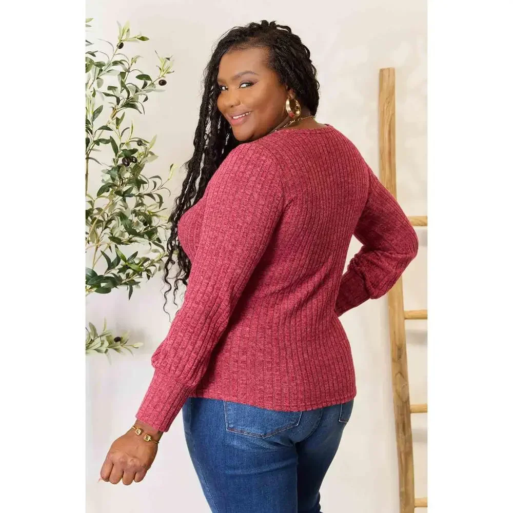 Double Take Ribbed Round Neck Lantern Sleeve Blouse - Picture 8 of 15